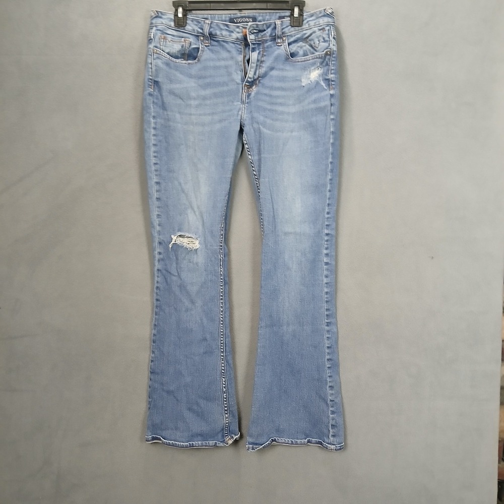 Vigoss The Jagger Flare Jeans Womens 33 Blue Medium Wash Distressed‎ Mid Rise